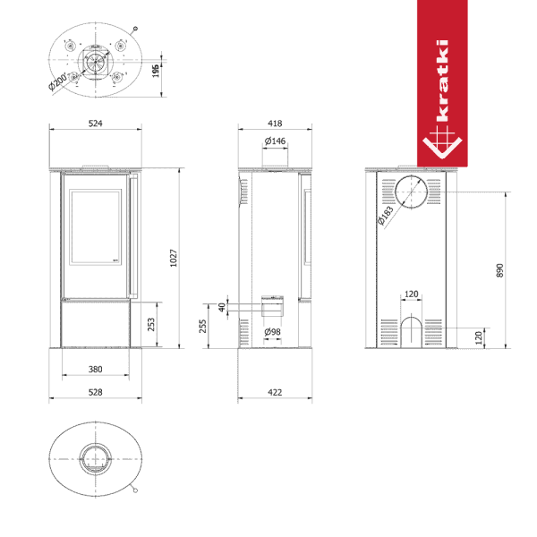 Piec wolnostojący KRATKI ERIK Ø 150 5,5 kW czarny termotec z domykaniem, klamka z drewna egzotycznego Jatoba