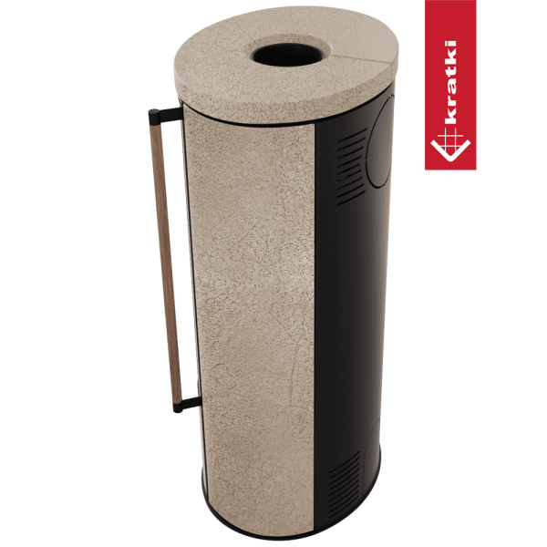 Piec wolnostojący KRATKI ERIK Ø 150 5,5 kW ozdobna ceramika akumulacyjna GOLD SATIN pokrywa ceramiczna; czarny termotec; z domykaniem; klamka z drewna egzotycznego Jatoba