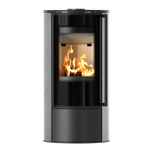 Piec stalowy KRATKI ERIK Ø 150 5,5 kW ozdobna ceramika akumulacyjna GRAY SATIN z domykaniem