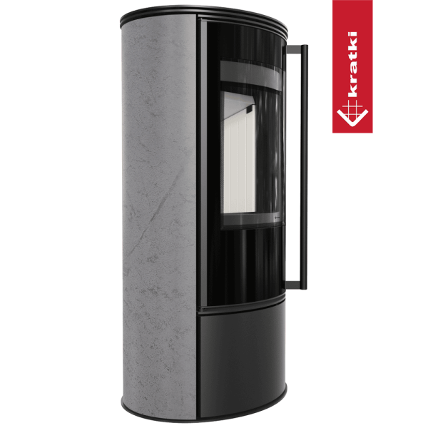 Piec stalowy KRATKI ERIK Ø 150 5,5 kW ozdobna ceramika akumulacyjna GRAY SATIN z domykaniem