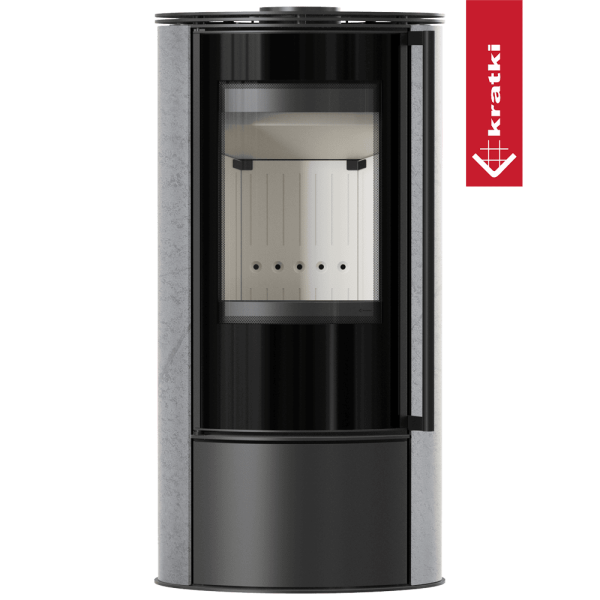 Piec stalowy KRATKI ERIK Ø 150 5,5 kW ozdobna ceramika akumulacyjna GRAY SATIN z domykaniem