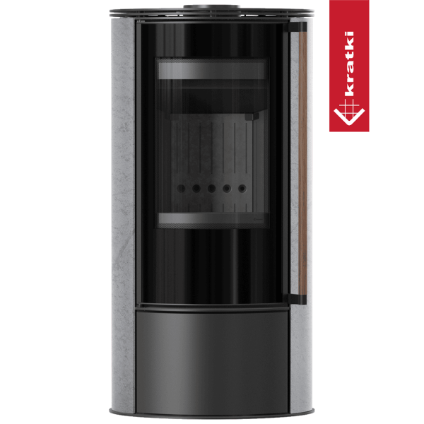 Piec wolnostojący KRATKI ERIK Ø 150 5,5 kW ozdobna ceramika akumulacyjna GRAY SATIN pokrywa stalowa; czarny termotec; klamka z drewna egzotycznego Jatoba