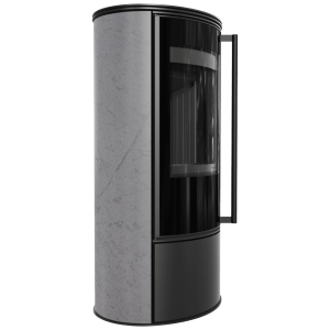Piec stalowy KRATKI ERIK Ø 150 5,5 kW ozdobna ceramika akumulacyjna GRAY SATIN czarne wyłożenie