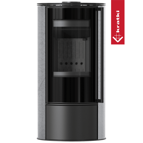 Piec stalowy KRATKI ERIK Ø 150 5,5 kW ozdobna ceramika akumulacyjna GRAY SATIN czarne wyłożenie