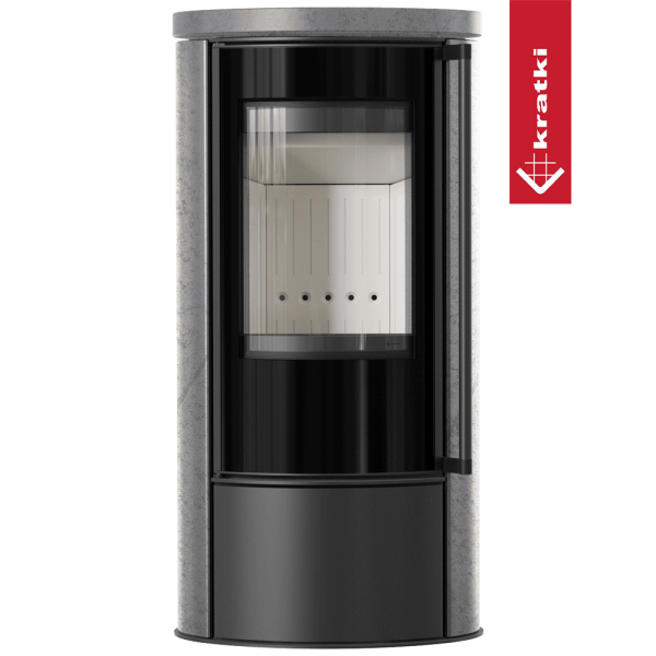 Piec wolnostojący KRATKI ERIK Ø 150 5,5 kW ozdobna ceramika akumulacyjna GREY SATIN pokrywa ceramiczna; z domykaniem