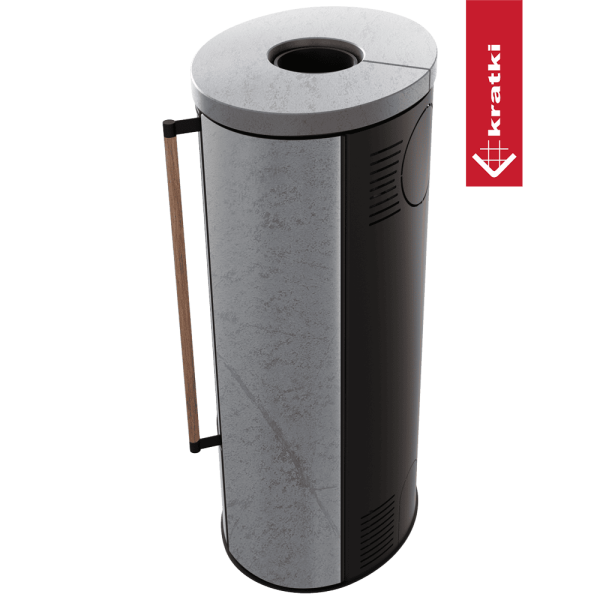 Piec wolnostojący KRATKI ERIK Ø 150 5,5 kW ozdobna ceramika akumulacyjna GREY SATIN pokrywa ceramiczna; czarny termotec; z domykaniem; klamka z drewna egzotycznego Jatoba