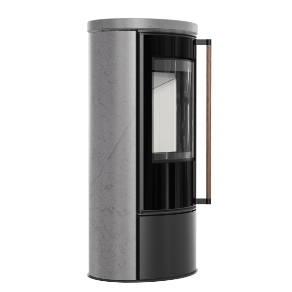 Piec wolnostojący KRATKI ERIK Ø 150 5,5 kW ozdobna ceramika akumulacyjna GRAY SATIN pokrywa ceramiczna; klamka z drewna egzotycznego Jatoba