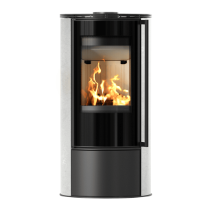 Piec stalowy KRATKI ERIK Ø 150 5,5 kW ozdobna ceramika akumulacyjna WHITE NATURAL z domykaniem