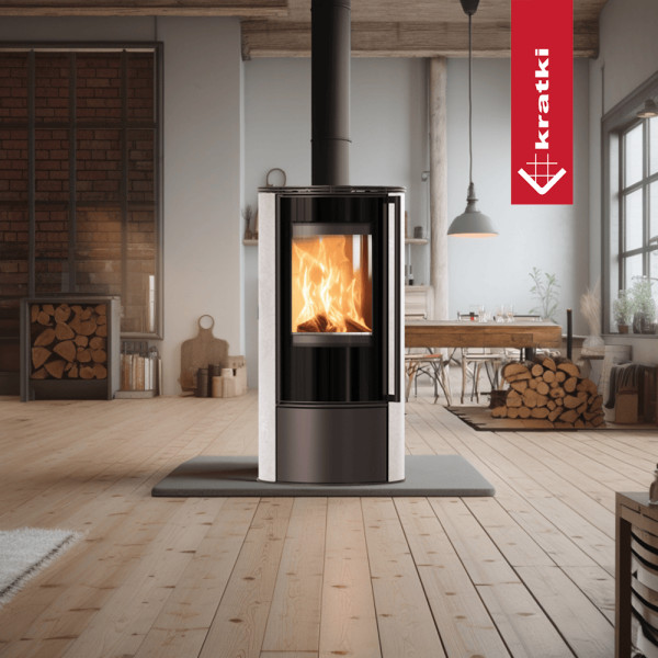 Piec stalowy KRATKI ERIK Ø 150 5,5 kW ozdobna ceramika akumulacyjna WHITE NATURAL