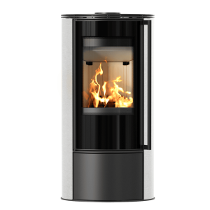 Piec stalowy KRATKI ERIK Ø 150 5,5 kW ozdobna ceramika akumulacyjna WHITE SATIN z domykaniem