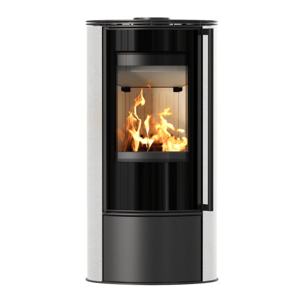 Piec stalowy KRATKI ERIK Ø 150 5,5 kW ozdobna ceramika akumulacyjna WHITE SATIN