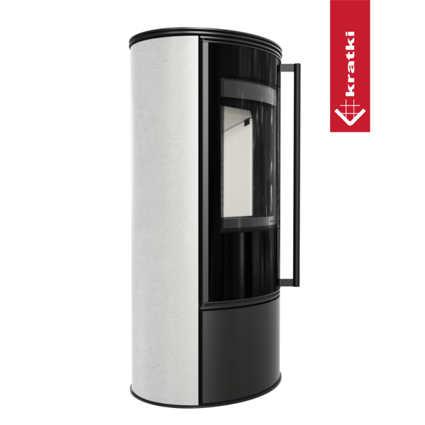 Piec stalowy KRATKI ERIK Ø 150 5,5 kW ozdobna ceramika akumulacyjna WHITE SATIN