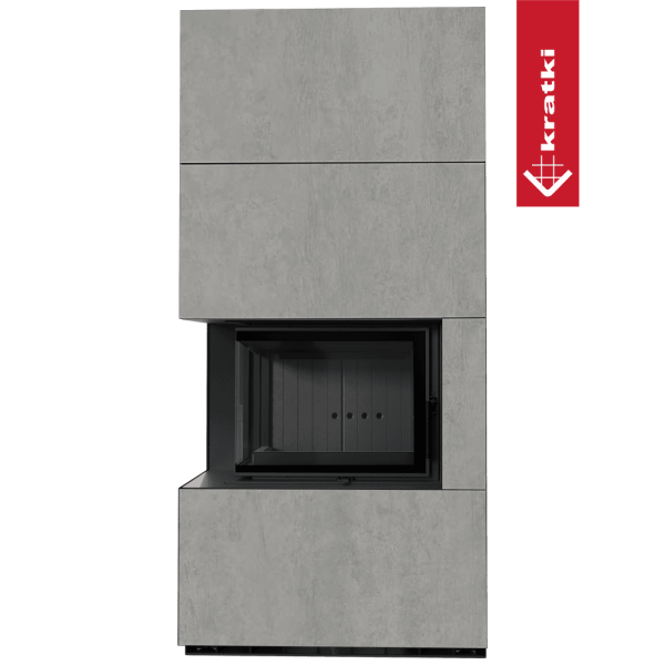 Kominek modułowy KRATKI FLOKI BOX lewy 8 kW Ø 160 zabudowa ze spieku CEMENTO GRIGIO BOCCIARDATA czarne wyłożenie