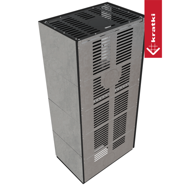 Kominek modułowy KRATKI FLOKI BOX lewy 8 kW Ø 160 zabudowa ze spieku CEMENTO GRIGIO BOCCIARDATA czarne wyłożenie
