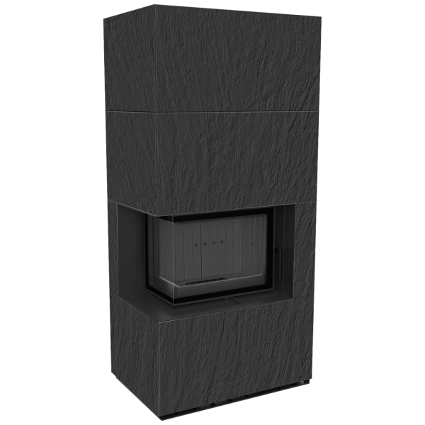 Kominek modułowy KRATKI FLOKI BOX lewy 8 kW Ø 160 zabudowa ze spieku NATURALI ARDESIA NERO A SPACCO czarne wyłożenie