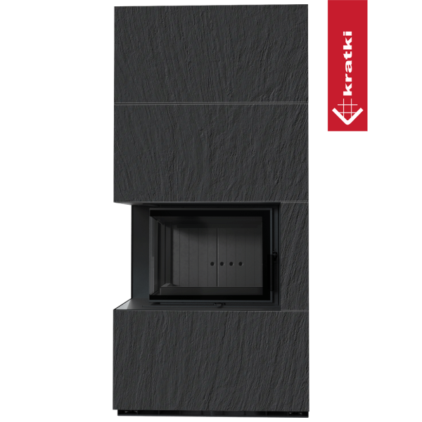 Kominek modułowy KRATKI FLOKI BOX lewy 8 kW Ø 160 zabudowa ze spieku NATURALI ARDESIA NERO A SPACCO czarne wyłożenie