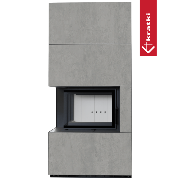 Kominek modułowy KRATKI FLOKI BOX lewy 8 kW Ø 160 zabudowa ze spieku CEMENTO GRIGIO BOCCIARDATA