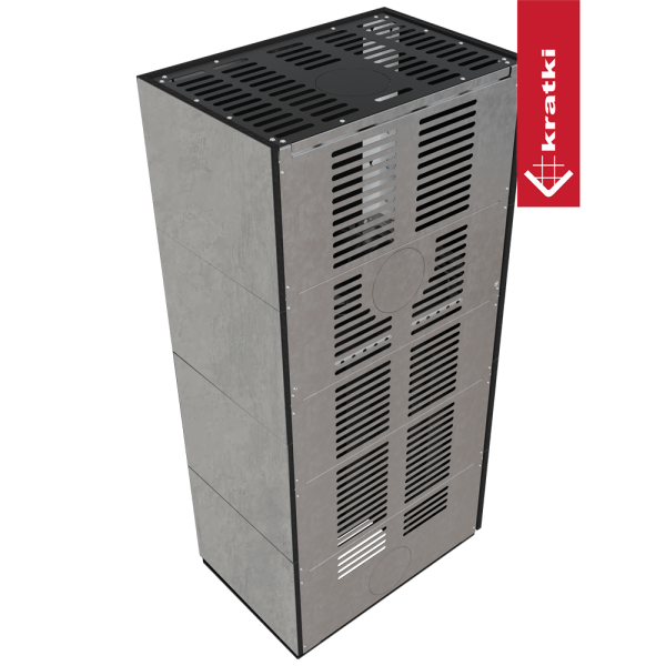 Kominek modułowy KRATKI FLOKI BOX lewy 8 kW Ø 160 zabudowa ze spieku CEMENTO GRIGIO BOCCIARDATA