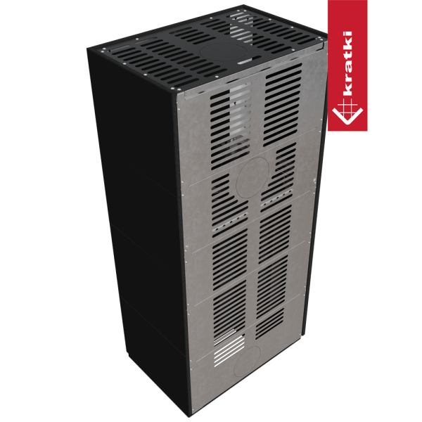 Kominek modułowy KRATKI FLOKI BOX lewy 8 kW Ø 160 zabudowa ze spieku NERO ASSOLUTO z domykaniem