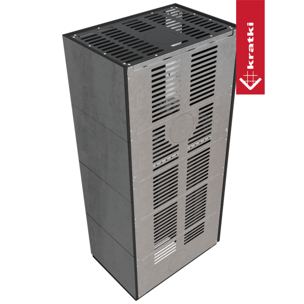 Kominek modułowy KRATKI FLOKI BOX lewy 8 kW Ø 160 zabudowa ze spieku NATURALI PIETRA DI SAVOIA ANTRANCITE BOCCIARDATA