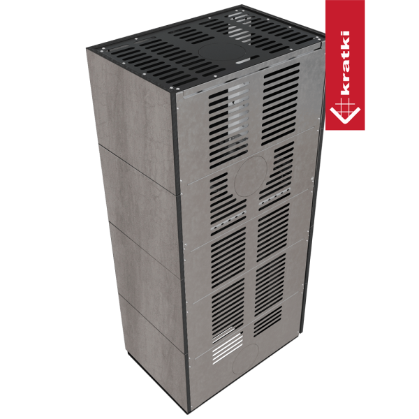 Kominek modułowy KRATKI FLOKI BOX lewy 8 kW Ø 160 zabudowa ze spieku NATURALI PIETRA DI SAVOIA GRIGIA BOCCIARDATA