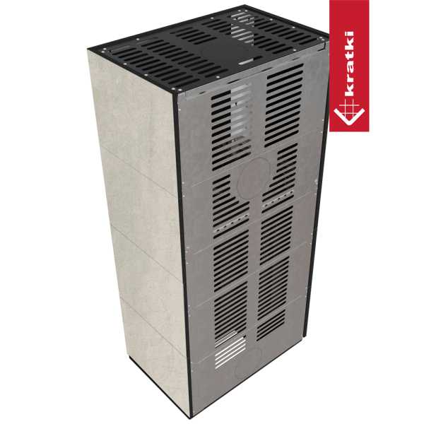 Kominek modułowy KRATKI FLOKI BOX lewy 8 kW Ø 160 zabudowa ze spieku NATURALI PIETRA DI SAVOIA PERLA BOCCIARDATA