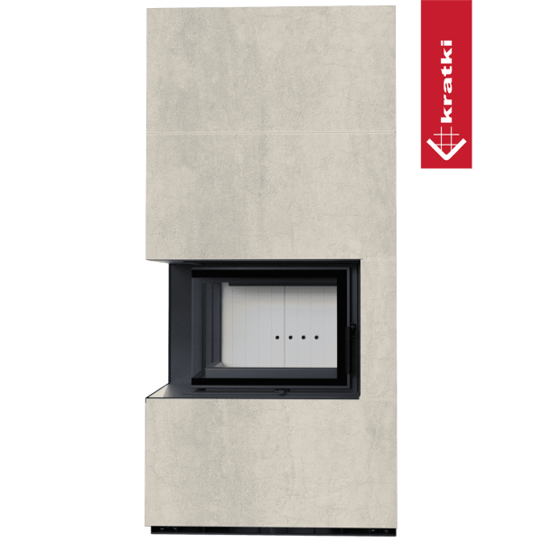 Kominek modułowy KRATKI FLOKI BOX lewy 8 kW Ø 160 zabudowa ze spieku NATURALI PIETRA DI SAVOIA PERLA BOCCIARDATA