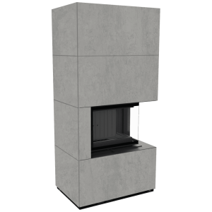 Kominek modułowy KRATKI FLOKI BOX prawy 8 kW Ø 160 zabudowa ze spieku CEMENTO GRIGIO BOCCIARDATA czarne wyłożenie