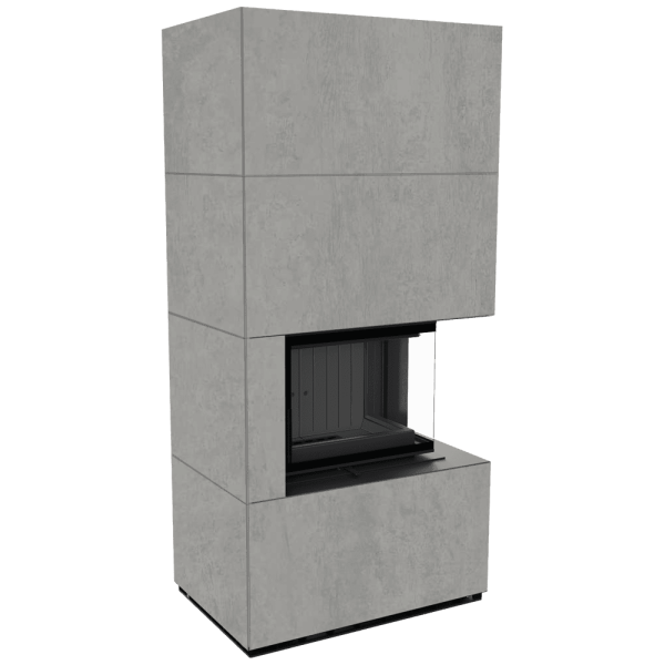 Kominek modułowy KRATKI FLOKI BOX prawy 8 kW Ø 160 zabudowa ze spieku CEMENTO GRIGIO BOCCIARDATA czarne wyłożenie