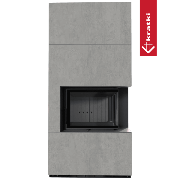 Kominek modułowy KRATKI FLOKI BOX prawy 8 kW Ø 160 zabudowa ze spieku CEMENTO GRIGIO BOCCIARDATA czarne wyłożenie