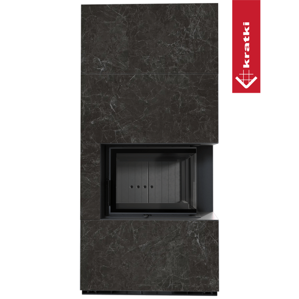 Kominek modułowy KRATKI FLOKI BOX prawy 8 kW Ø 160 zabudowa ze spieku NATURALI NERO GRECO czarne wyłożenie