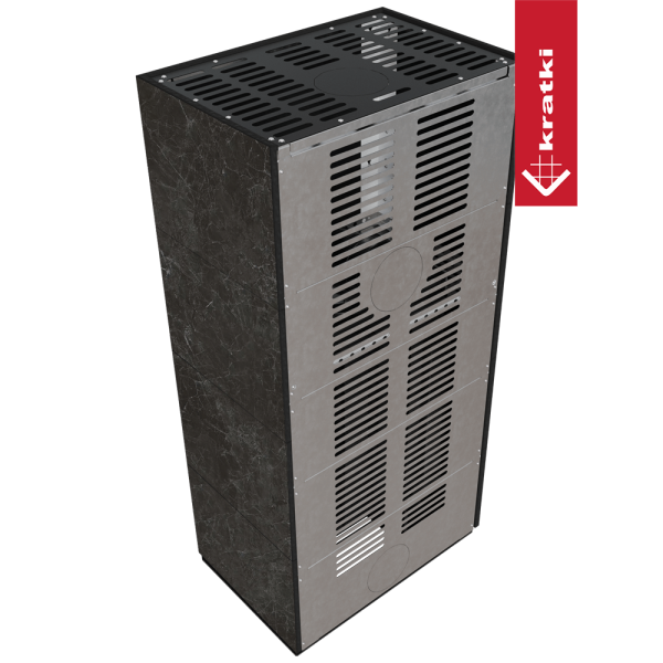 Kominek modułowy KRATKI FLOKI BOX prawy 8 kW Ø 160 zabudowa ze spieku NATURALI NERO GRECO czarne wyłożenie