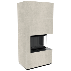 Kominek modułowy KRATKI FLOKI BOX prawy 8 kW Ø 160 zabudowa ze spieku NATURALI PIETRA DI SAVOIA PERLA BOCCIARDATA czarne wyłożenie