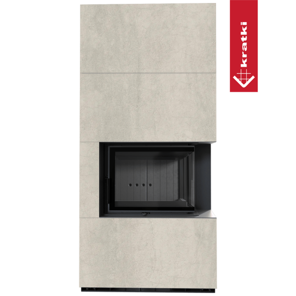 Kominek modułowy KRATKI FLOKI BOX prawy 8 kW Ø 160 zabudowa ze spieku NATURALI PIETRA DI SAVOIA PERLA BOCCIARDATA czarne wyłożenie