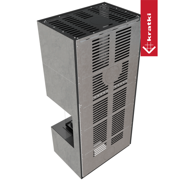 Kominek modułowy KRATKI FLOKI BOX prawy 8 kW Ø 160 zabudowa ze spieku CEMENTO GRIGIO BOCCIARDATA z domykaniem
