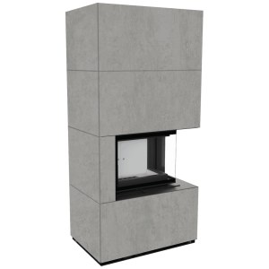 Kominek modułowy KRATKI FLOKI BOX prawy 8 kW Ø 160 zabudowa ze spieku CEMENTO GRIGIO BOCCIARDATA