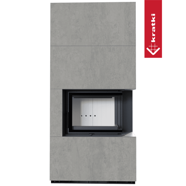 Kominek modułowy KRATKI FLOKI BOX prawy 8 kW Ø 160 zabudowa ze spieku CEMENTO GRIGIO BOCCIARDATA