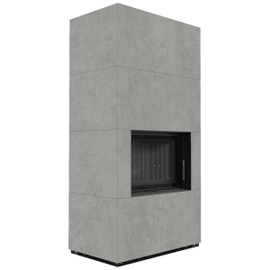 Kominek modułowy KRATKI FLOKI BOX 8 kW Ø 160 zabudowa ze spieku CEMENTO GRIGIO BOCCIARDATA czarne wyłożenie