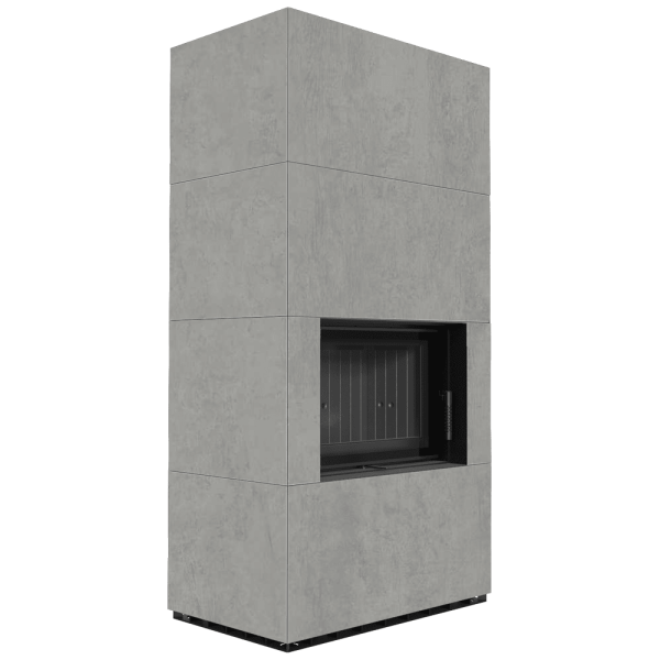 Kominek modułowy KRATKI FLOKI BOX 8 kW Ø 160 zabudowa ze spieku CEMENTO GRIGIO BOCCIARDATA czarne wyłożenie