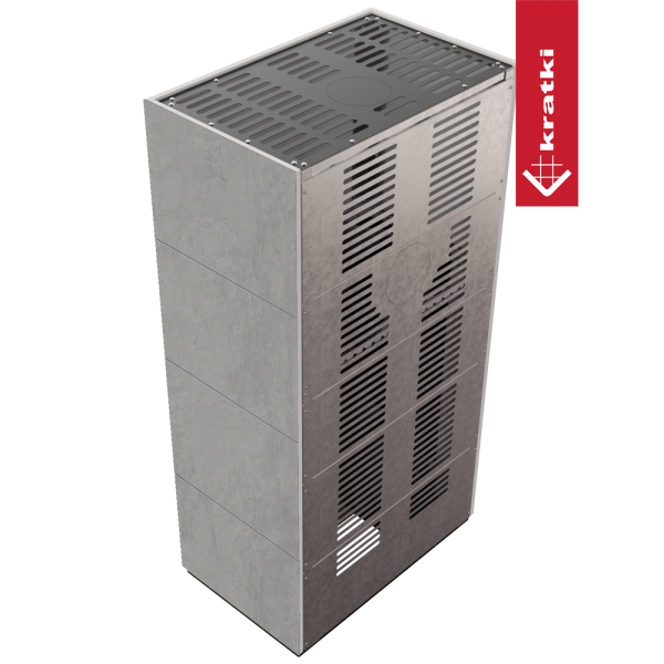 Kominek modułowy KRATKI FLOKI BOX 8 kW Ø 160 zabudowa ze spieku CEMENTO GRIGIO BOCCIARDATA czarne wyłożenie