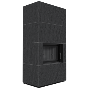 Kominek modułowy KRATKI FLOKI BOX 8 kW Ø 160 zabudowa ze spieku NATURALI ARDESIA NERO A SPACCO czarne wyłożenie