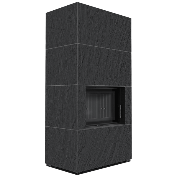 Kominek modułowy KRATKI FLOKI BOX 8 kW Ø 160 zabudowa ze spieku NATURALI ARDESIA NERO A SPACCO czarne wyłożenie