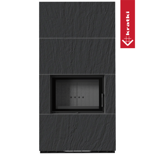 Kominek modułowy KRATKI FLOKI BOX 8 kW Ø 160 zabudowa ze spieku NATURALI ARDESIA NERO A SPACCO czarne wyłożenie