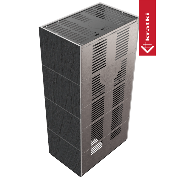 Kominek modułowy KRATKI FLOKI BOX 8 kW Ø 160 zabudowa ze spieku NATURALI ARDESIA NERO A SPACCO czarne wyłożenie
