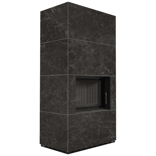 Kominek modułowy KRATKI FLOKI BOX 8 kW Ø 160 zabudowa ze spieku NATURALI NERO GRECO czarne wyłożenie