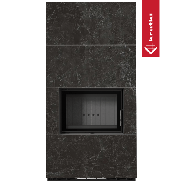 Kominek modułowy KRATKI FLOKI BOX 8 kW Ø 160 zabudowa ze spieku NATURALI NERO GRECO czarne wyłożenie