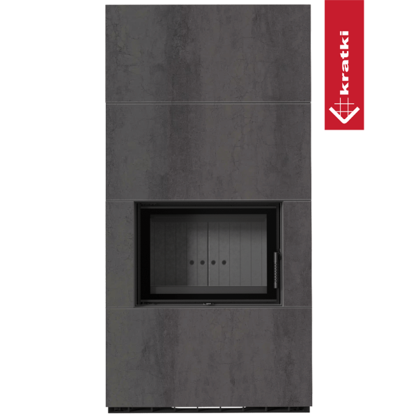 Kominek modułowy KRATKI FLOKI BOX 8 kW Ø 160 zabudowa ze spieku NATURALI PIETRA DI SAVOIA ANTRANCITE BOCCIARDATA czarne wyłożenie
