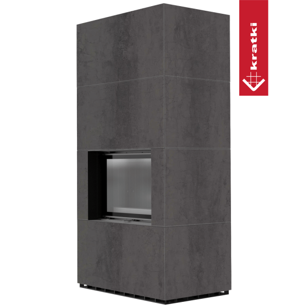 Kominek modułowy KRATKI FLOKI BOX 8 kW Ø 160 zabudowa ze spieku NATURALI PIETRA DI SAVOIA ANTRANCITE BOCCIARDATA czarne wyłożenie