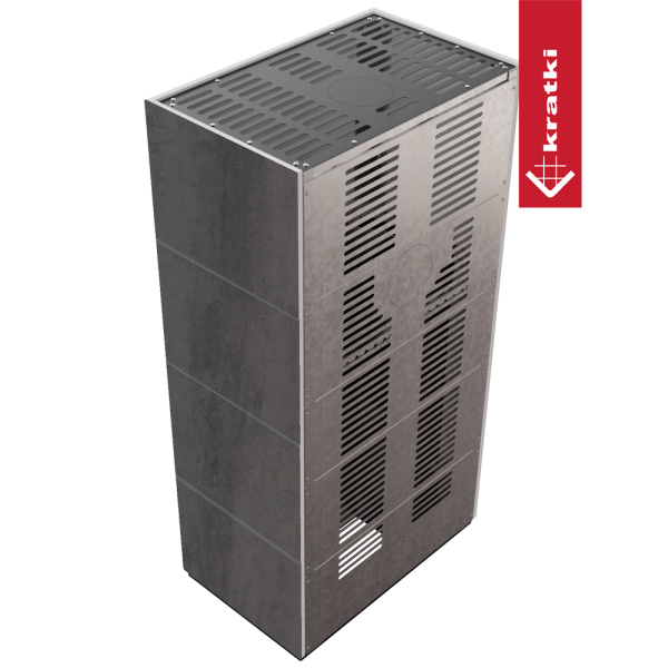 Kominek modułowy KRATKI FLOKI BOX 8 kW Ø 160 zabudowa ze spieku NATURALI PIETRA DI SAVOIA ANTRANCITE BOCCIARDATA czarne wyłożenie