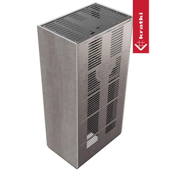 Kominek modułowy KRATKI FLOKI BOX 8 kW Ø 160 zabudowa ze spieku NATURALI PIETRA DI SAVOIA GRIGIA BOCCIARDATA czarne wyłożenie